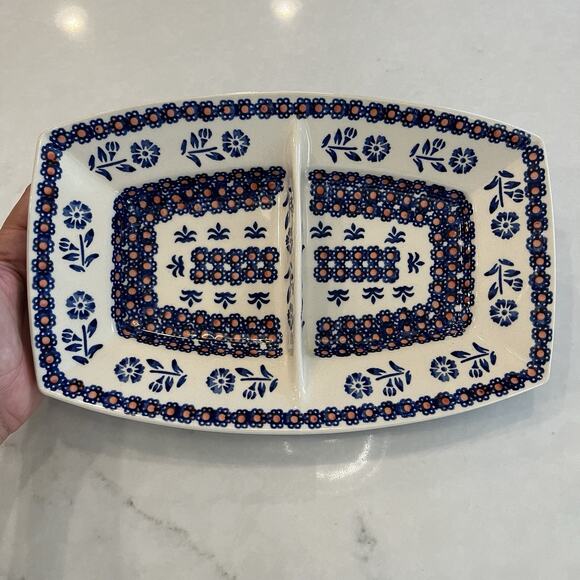 Manufaktura Boleslawcu Chip Dip Polish Pottery Divided Dish Floral Blue Red - Picture 2 of 8